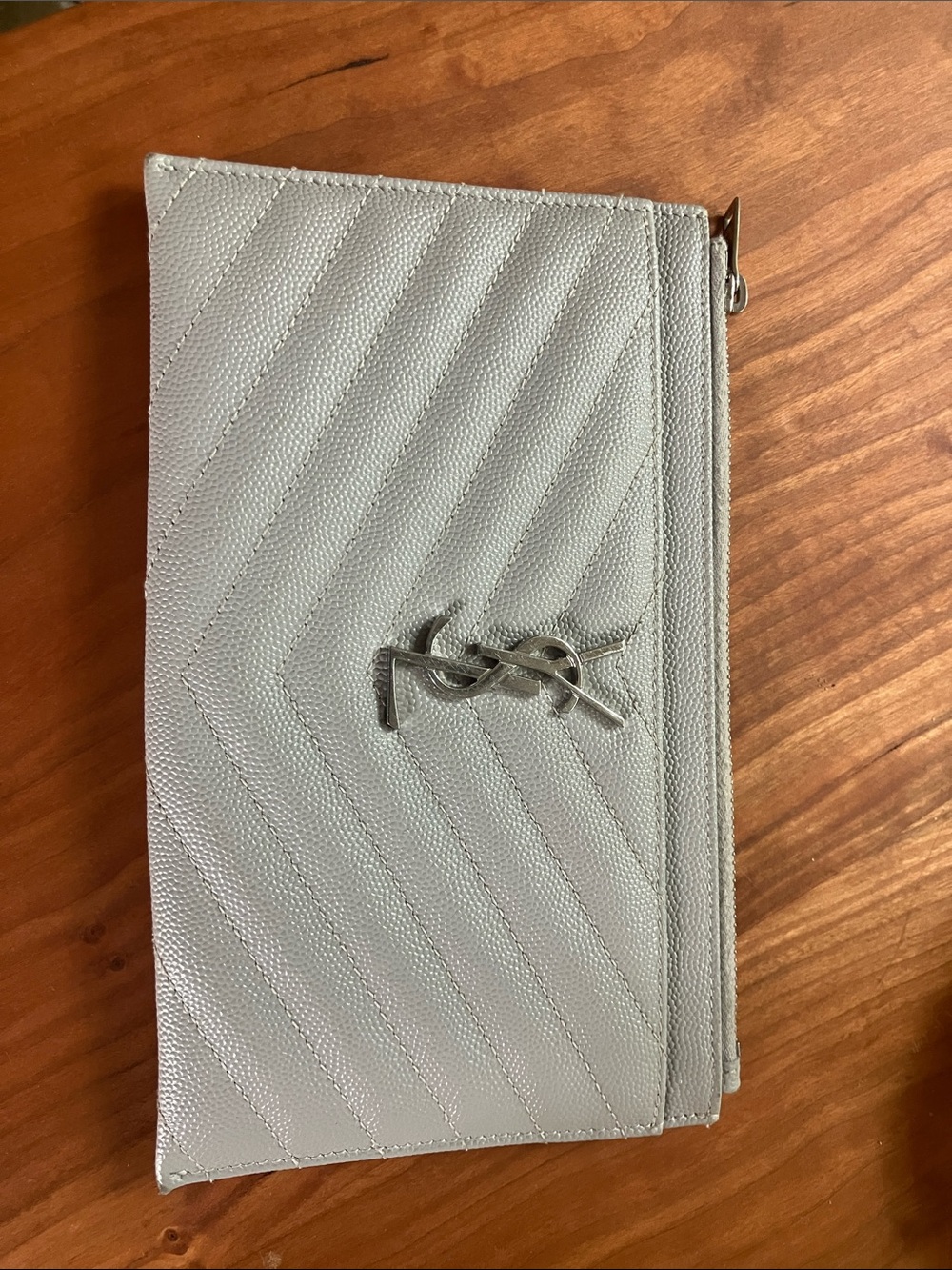Saint Laurent Light Gray Quilted Leather Zip Clutch